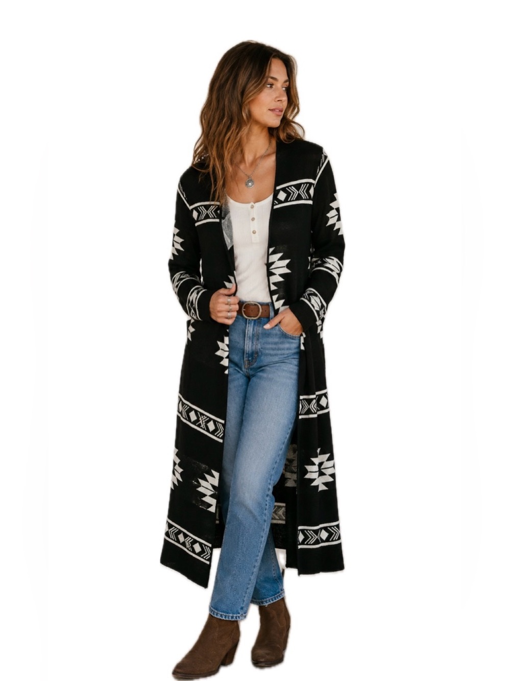 Cotton Emporium Black White Southwestern Aztec Duster Cardigan Made in USA M